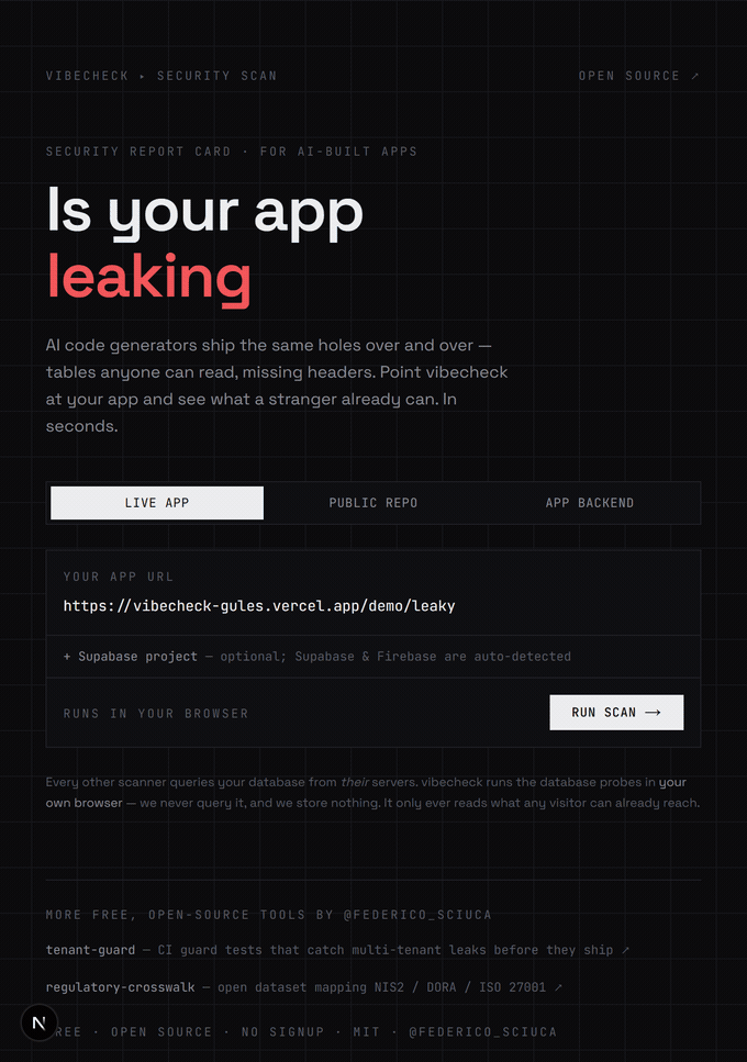 Vibecheck — is your app leaking? screenshot 2